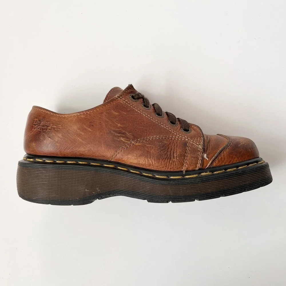 Vintage Dr. Martens Platform Oxfords Brown Leather Chunky Mary Jane Boots Size 8
